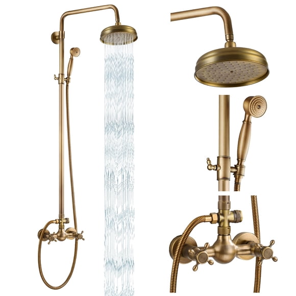Antique Brass Shower Fixture Set 8 Rain Shower Head 2 Double Knobs Cross Handle Shower Faucet Combo System Unit Set Dual Function