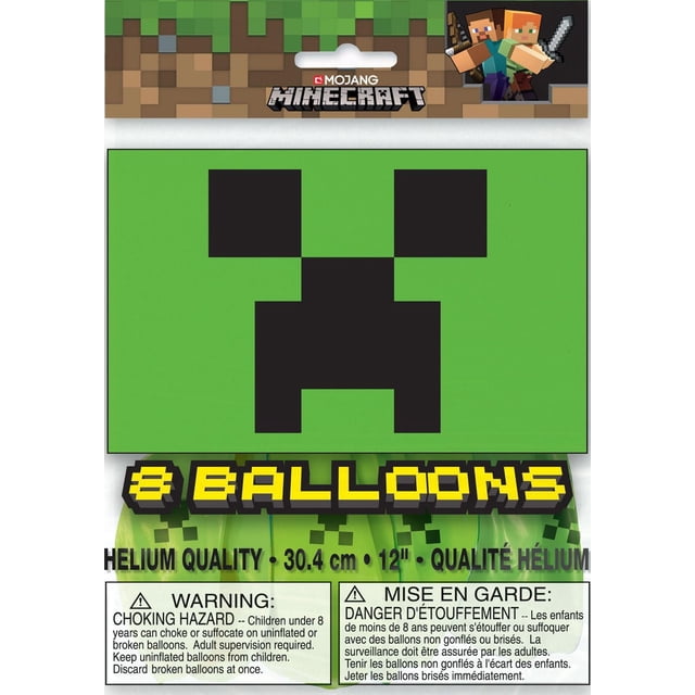 Minecraft 12" latex balloons, 8 count, featuring green balloons with black Creeper face pixel design, packaged with Minecraft branding and pixelated grass block background, helium quality, suitable for birthday party decorations and balloon bouquets.