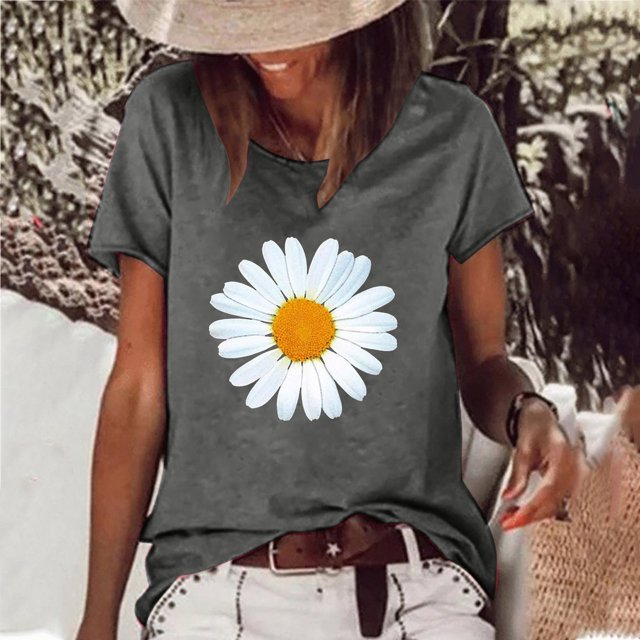 SMihono Hauts pour Femmes Été Mode Décontractée Femme Décontractée Marguerite Col Rond Imprimé Blouse Manches Courtes T-Shirt Été Hauts T-Shirt Oversize pour Femmes