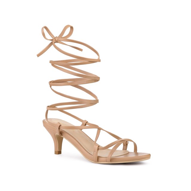 BLISSFUL STEP Sandales à Petits Talons à Brides et à Lacets pour Femme Nude (Taille 9,5)