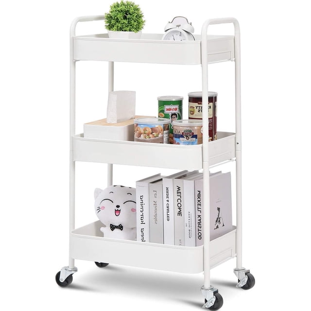 KK KINGRACK Chariot Roulant, Chariot Utilitaire en Métal à 3 Niveaux avec 4 Roues, 2 Freins, Blanc