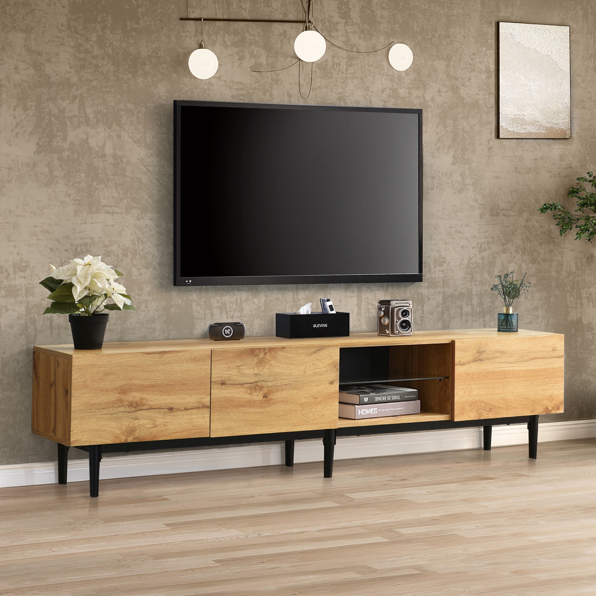 Noble House Meuble TV Moderne 69 Pouces, Console Multimédia LED Ajustable en Bois avec 3 Armoires, Grand Rangement, Naturel