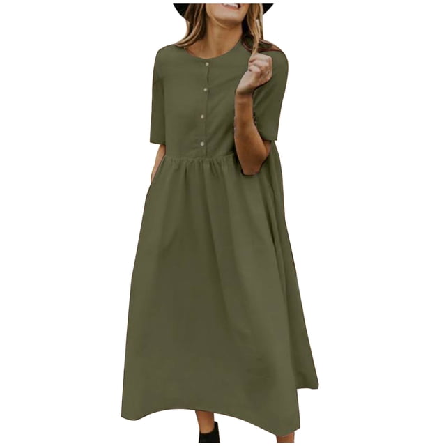 XZNGL Linen Dresses for Women Summer Women Summer Casual Solid Short Sleeve Dresses Button Cotton Linen Loose Dress Short Sleeve Dresses for Women Short Summer Dresses for Women
