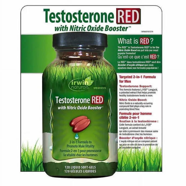 Testosterone RED with Nitric Oxide Booster - 120 Soft Gels, a 2-in-1 formula designed to support male sexual health and vitality. The product features LJ100 Longjack for testosterone support and L-Citrulline for nitric oxide production, promoting blood flow and muscle pump. The bottle is green with a black cap, containing 120 liquid soft gels, and is displayed against a branded informational background.