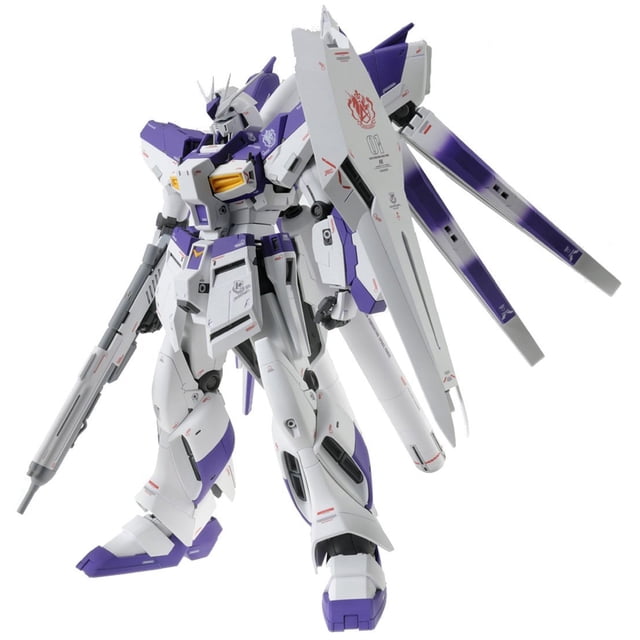 Gundam Master Grade Ver.Ka 1/100 Scale Model Kit: RX-93-Nu2 Hi-Nu Gundam Ver.Ka RX-93-Nu 2, Hi-Nu by BANDAI HOBBY. A detailed model kit featuring the Hi-Nu Gundam from Char's Counterattack Beltorchika Children novel. The kit includes individually articulated fingers, a beam rifle, bazooka, shield weapon system, machine cannons, and multiple beam sabers. It also comes with an Amuro-themed stand and clear holders for displaying remote weapons. The model is shown in a white and purple color scheme with intricate decals and extended fin-like structures on its back.