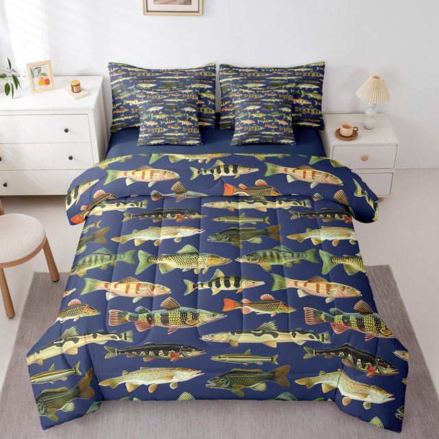 Erosebridal 3D Pike Fish Bedding King Size, Hunting and Fishing Bed in a Bag King size, Rustic Animal Reversible Bed Set, Ultra Soft Room Decoration, 7pcs