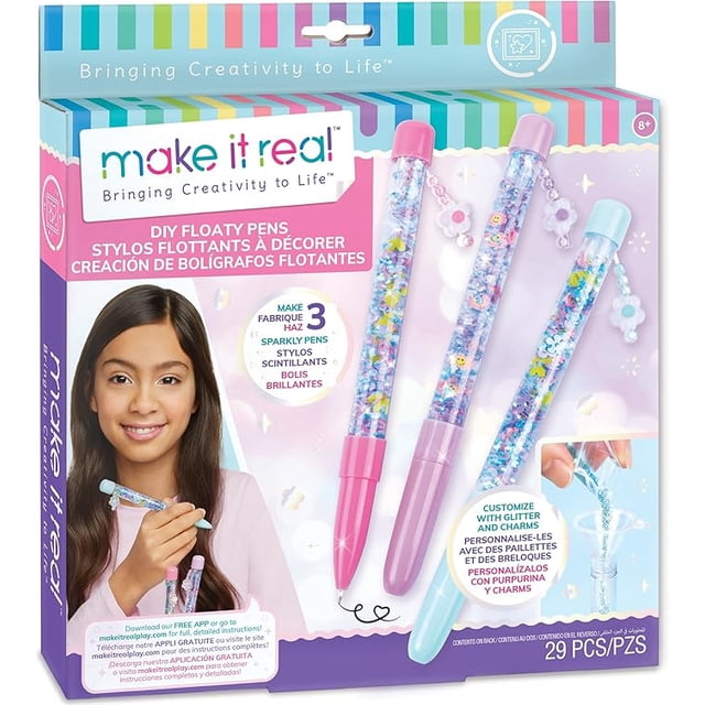 Make it Real DIY Floating Pens kit featuring materials to create three customizable floaty pens. The packaging showcases three pens with glitter, charms, and icons floating inside, each with pastel-colored caps in pink, purple, and blue. The kit includes a funnel, pen bodies, caps, glitter, and shaped icons for mess-free assembly. Designed for tweens aged 8 and up, this craft kit encourages creativity and fine motor skills. The box highlights themed pen designs like Lovely Hearts, Flower Power, and Glittery Party, with options for customization.