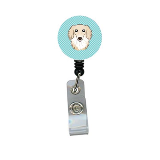 Checkerboard Blue Longhair Creme Dachshund Retractable Badge Reel