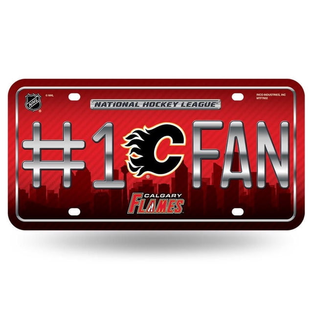 LNH Calgary Flames Plaque d'Immatriculation avec Fond Rouge et silhouette de skyline de Ville Sombre, Texte « #1 FAN » Argenté Métallisé Mettant en Vedette le logo Calgary Flames flaming C, Marque Officielle LNH, Fabriquée en Métal durable avec une Finition en Vinyle à Fini Très Lustré, Trous Pré-Percés pour le Montage, Mesurant 6 par 12 Pouces, Convient à l'Exposition de Véhicules Ou à la Déco de Ventilateurs à la Maison et au Bureau.