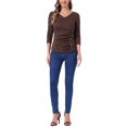 thumbnail image 2 of INSPIRE CHIC Women's Ruched Blouse Button Decor V Neck 3/4 Sleeve Solid Knit Top Coffee Brown M, 2 of 5