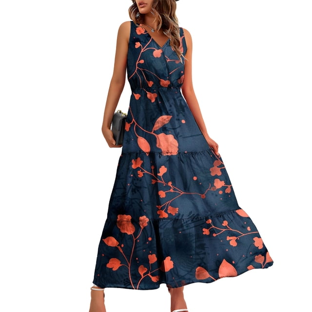 Pisexur Robes pour Femmes à Col en V Sans Manches, Robe Maxi avec Taille Élastique et design Évasé à Étages. la Robe Met en Valeur une base Bleu Marine avec un Imprimé floral orange Vif, Créant un Style Fluide et Décontracté. Fabriquée à 95 % de polyester et 5 % d'Élasthanne, Elle Offre Respirabilité et Confort. Convient aux occasions de Printemps et d'Été comme les Vacances à la Plage, les Fêtes Ou les Sorties Décontractées. le Modèle l'Agence avec des Sandales Blanches et une Petite Pochette Noire.