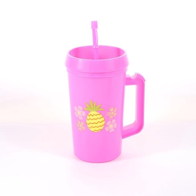 32 FL OZ MAINSTAYS DOUBLE WALL PLASTIC PINK TUMBLER WITH HANDLE & STRAW