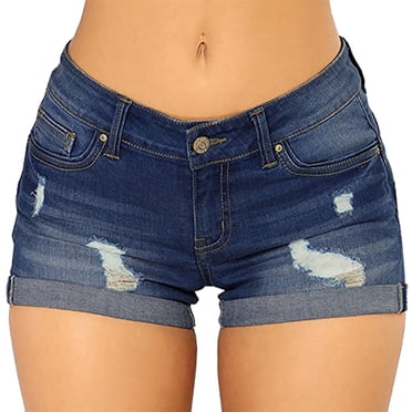 WTXUE Jeans pour Femmes, Shorts en Denim Style Été pour Petite Amie, Pantalons Courts en Denim Déchirés Taille Haute Extensibles pour Femmes, Court, Bleu Foncé