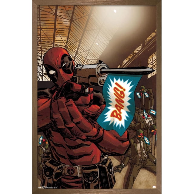 Marvel Comics - Deadpool - Bang Wall Poster, 22.375" x 34", depicts Deadpool in red and black costume aiming a silver revolver with a blue 'BANG!' flag, with masked men in suits holding similar flags in a dim industrial setting, printed on glossy paper suitable for home or office wall décor.