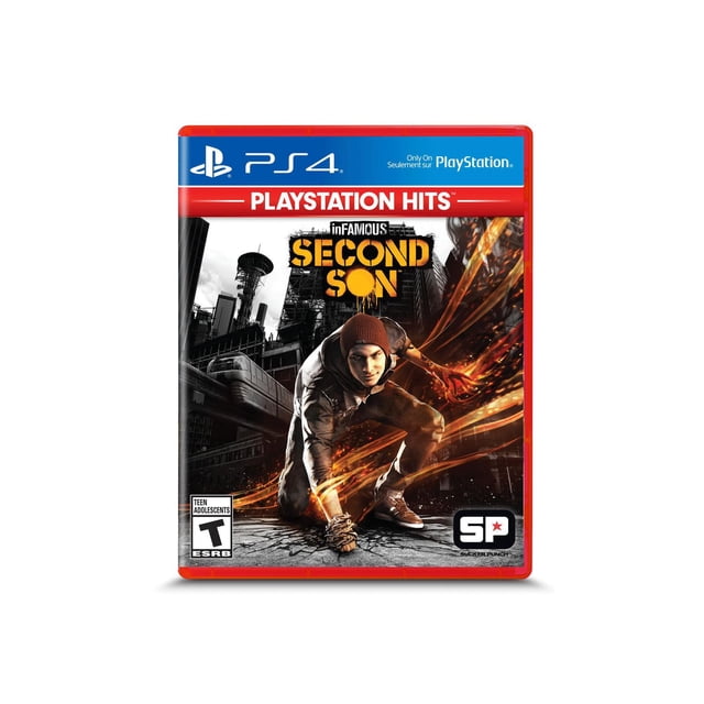 Couverture de Jeu inFAMOUS Second SonTM (PS4) Montrant une Figurine Accroupie dans une Veste à Capuche et des Espadrilles, Entourée de Sentiers d'Énergie orange Ardent, contre un Paysage Urbain Sombre avec des Bâtiments Industriels et un monorail, avec la Bannière Rouge PlayStation Hits et la Marque PS4.