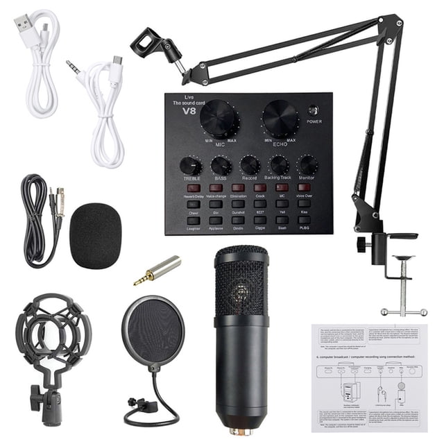 Professional V8 Live Broadcast & Recording Kit: Black Sound Card with 30Hz-15KHz Frequency, 2m Cable Microphone, Shock Mount, Pop Filter, Adjustable Stand, and Audio Adapter – Compact 125x105x28mm