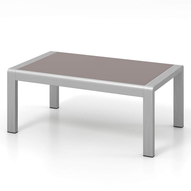 Gymax Outdoor Rectangle Coffee Table with a robust aluminum frame and a tempered glass tabletop. The table is grey in colour, measures 40 inches in length, and features a modern, minimalist design. It is lightweight, rustproof, and suitable for outdoor use in backyards, gardens, or poolside settings. The tempered glass top is scratch-resistant and secured with suction cups, providing a durable and elegant surface for drinks, snacks, or decor.