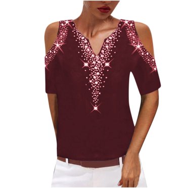 Timegard Hauts pour Femmes Imprimé Épaules Dénudées Col en V Manches Courtes Tee-Shirt Décontracté Confortable Été