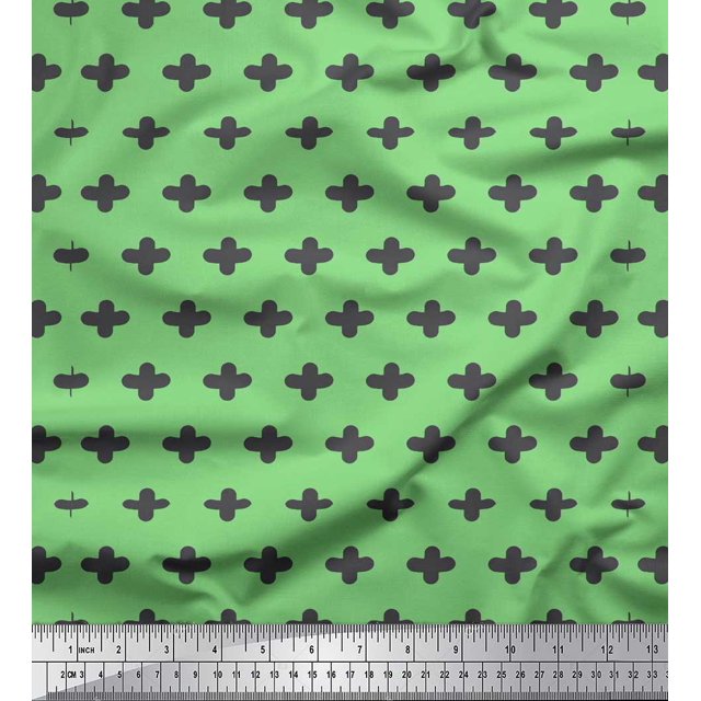 Soimoi Green Silk Fabric Plus Sign Geometric Printed Craft Fabric by the Yard 42 Inch Wide