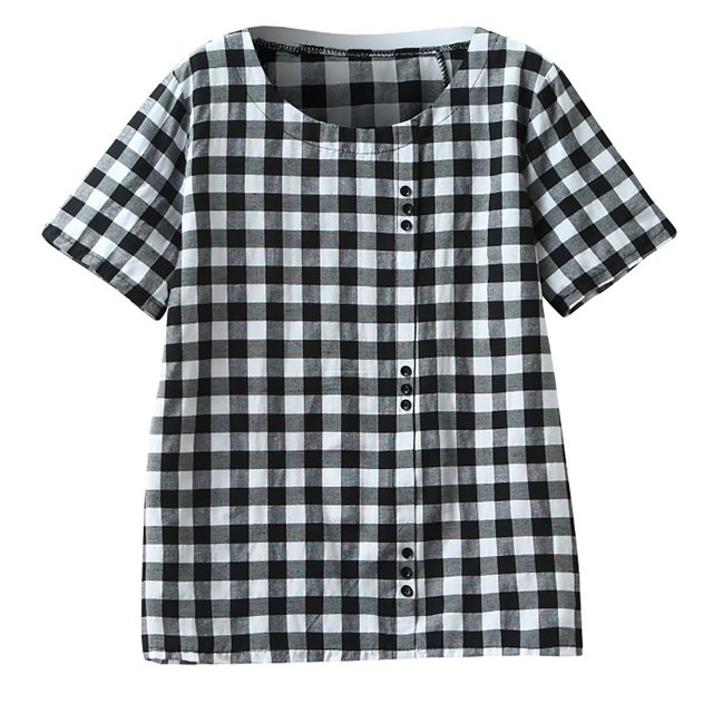 Pompotops Women Autumn Tops Plus Size Button Flower 3/4 Sleeve Linen T-shirt Blouse