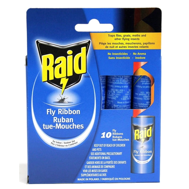 Raid Fly Ribbon packaging in blue featuring the Raid logo and a dead fly illustration, containing 10 fly ribbons for indoor and outdoor pest control. The ribbons trap flies, gnats, moths, and other flying insects without insecticides or odor. Includes safety warnings to keep out of reach of children and pets and states the product is made in Poland.