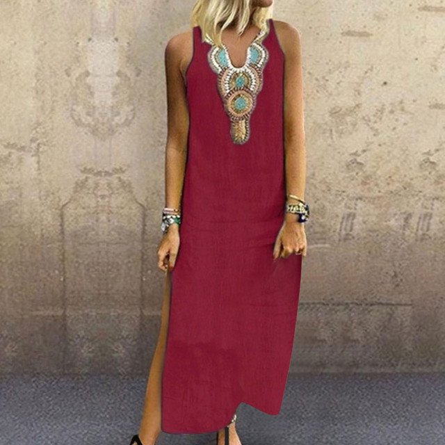 JUNWELL Robes d'Été Ajustées pour Femmes Amples Bohèmes à Broderie Florale Robe Soleil Décontractée Sans Manches en Lin Longue Robe Maxi Robe Femme