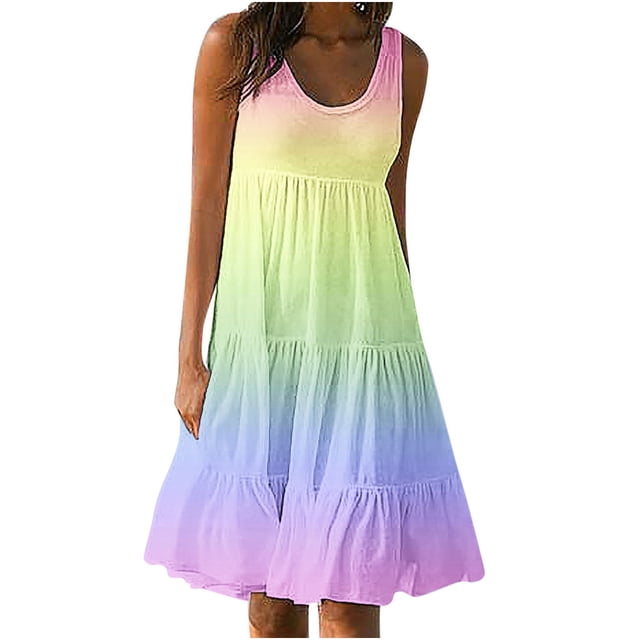 AherBiu Plus Size Beach Dresses for Women Gradient Color Sundresses Ruched Ruffle Flowy Midi Tank Dress