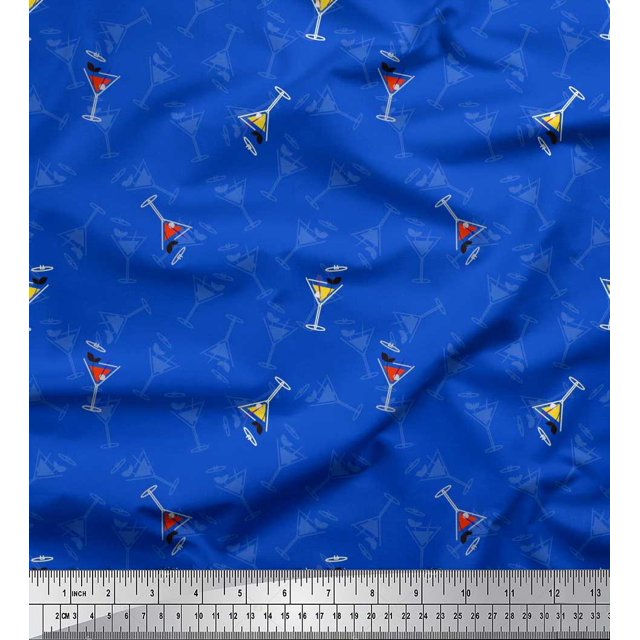 Soimoi Blue Viscose Chiffon Fabric Glass,Straw & Drinks Summer Designs Print Fabric by Yard 42 Inch Wide