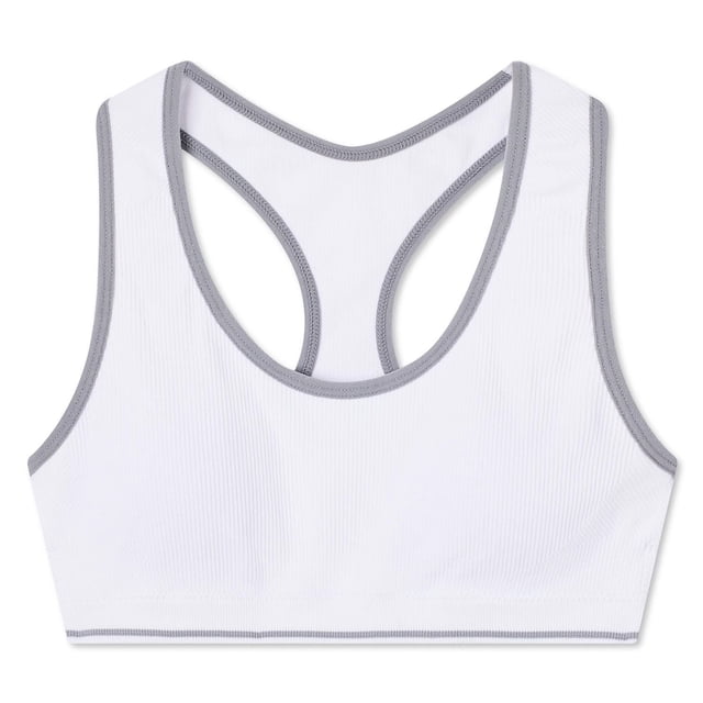 George Girls' Racerback Sports Bra in white with grey trim, made of rib knit fabric with cotton and spandex, featuring a scoop neckline, elasticized band, and racerback design for support and breathability, ideal for sports practice or active play.