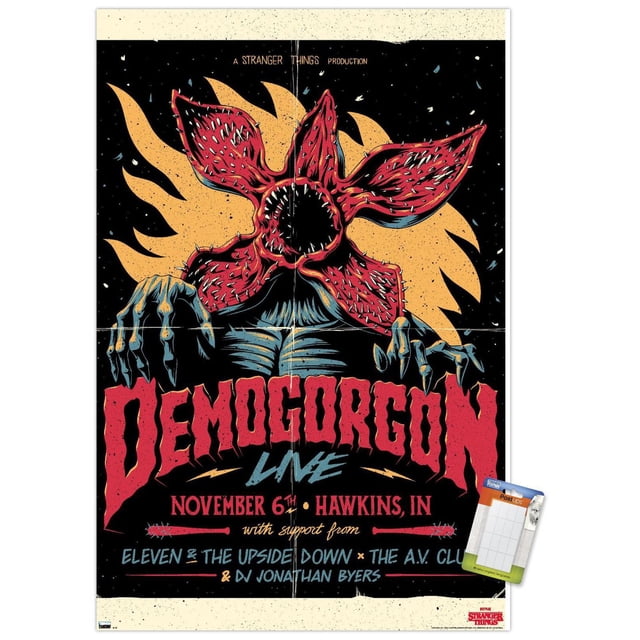 Netflix Stranger Things - Demogorgon Affiche Murale en Direct, 22,375 Pouces x 34 Pouces Encadrée, Représentant un Demogorgon Orienté vers l'Avant avec des Mâchoires Rouges Type Pétale Doublées de Dents Blanches Tranchantes sur un Fond Noir avec des Formes de Flammes Jaunes. l'Affiche Présente un Texte Rouge Audacieux « Demogorgon Live » et des Détails d'Événement « NOVEMBER 6th Hawkins, IN » avec le Soutien de Eleven