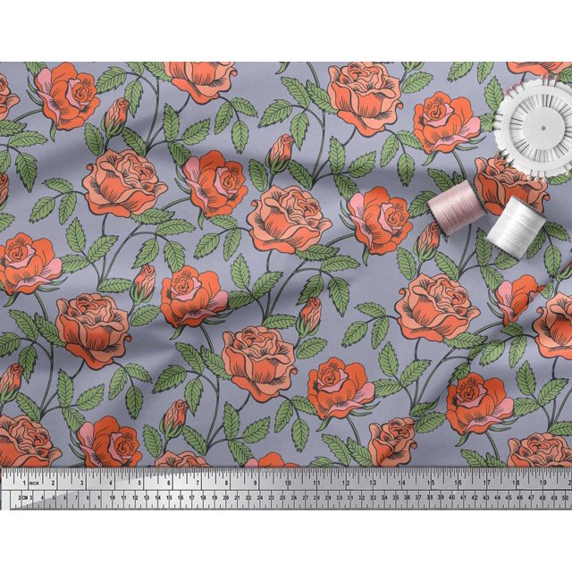 Soimoi Tissu en Voile de Coton Feuilles & Roses Imprimés Floraux au Mètre 56 Pouces de Large