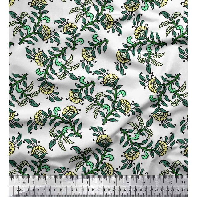 Soimoi Satin Silk Fabric Leaves & Floral Block Print Fabric by The Yard 42 Inch Wide