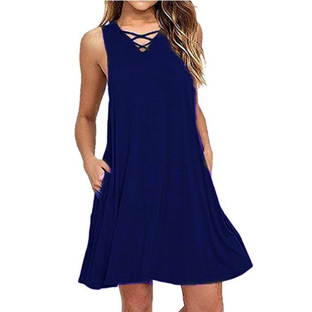 CEHVOM Ladies Solid Color Cross Strap V-Neck Belt Sleeveless Vest Mini Dress