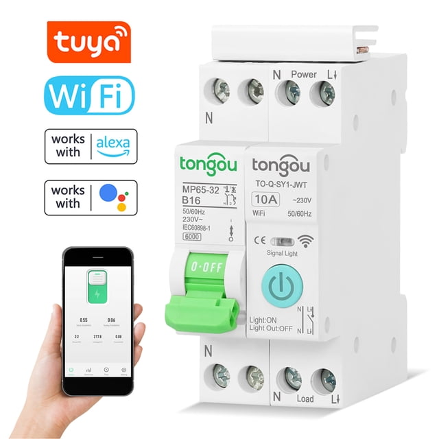 yeacher Smart WiFi Circuit Breaker with Timer, Remote Control, and Voice Compatibility for Home Automation - White, 1P-10A, No Metering Function