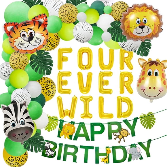 Thème Jungle Fournitures de Fête de 4e Anniversaire Quatre Ballons de Safari Sauvages Guirlande Arche Kit Décorations, Feuilles de Palmier Artificielles Vertes