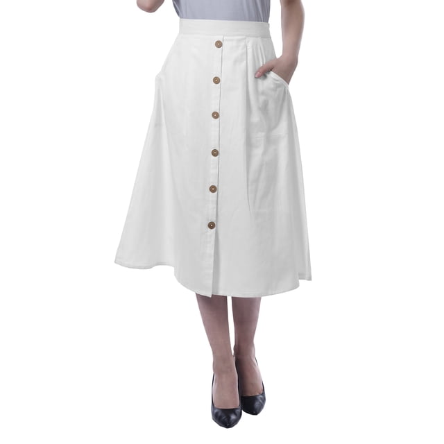 Moomaya Womens Below Knee Length A-Line Skirt Front Button Casual Skirt w/ Pockets