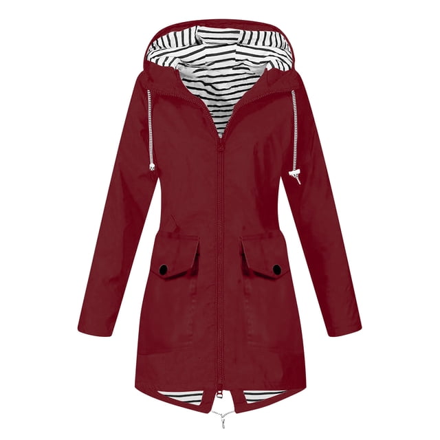 Pisexur Manteaux d'Hiver pour Femmes Imperméables pour la Randonnée en Plein Air, Imperméable avec Capuche Légère de Couleur Rouge Uni. le Manteau de Pluie Comprend une Capuche Rayée Doublée de Coton, une Taille à Cordon, Deux Poches avant et une Fermeture Éclair avant. Fait de 98 % polyester et 2 % Élasthanne, Il Est Coupe-Vent, Respirant et à Séchage Rapide, Convient aux Activités de Plein Air comme la Randonnée, le camping et les Voyages. les Manches Longues Peuvent Être Retroussées et Fixées avec des Boutons-Pression. Conçu pour Toutes les Saisons.