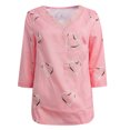 thumbnail image 4 of IROINID Rabais Womens Grande Taille Tops Amour Imprimé Col en V Dentelle Patchwork Manches 3/4 T-shirt Tops Blouse, Rose, 4 of 5