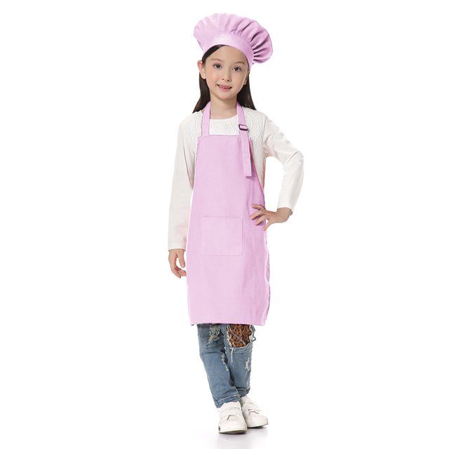 TOPTIE Kids Apron and Chef Hat Set, Adjustable Cotton Child Cooking Kitchen Apron, S-XXL-Light Pink-XL