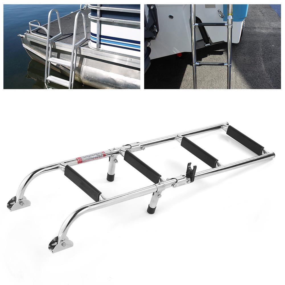 AMONIDA 4 Step Folding Ladder, Stainless Steel 4 Step Folding Double Step Ladder Telescopic Boat Ladder Pontoon
