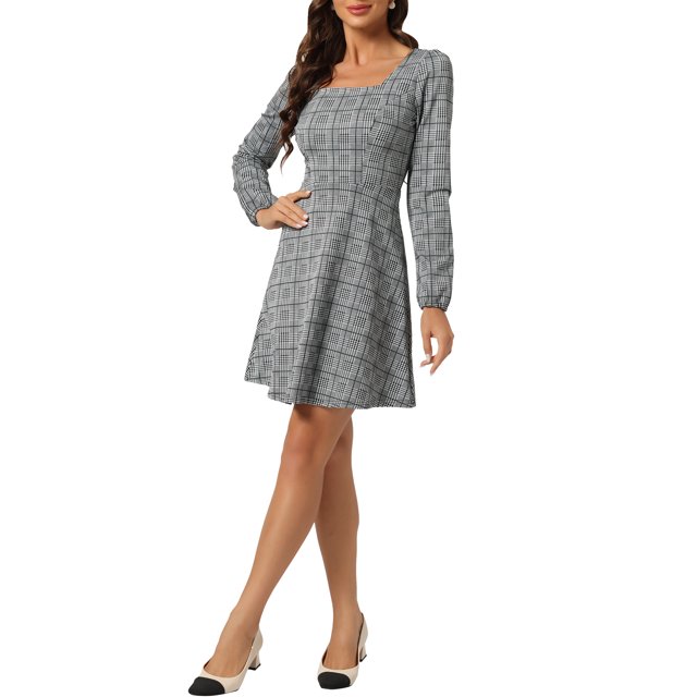 INSPIRE CHIC Robe à Carreaux Ligne A à Encolure Carrée à Manches Longues d'Automne pour Femme P Vert