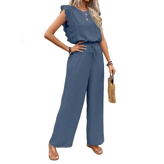 Jumpsuits for Women Summer Ruffle Sleeves Square Neck Rompers Drawstring Overalls with Pockets Royal Blue M