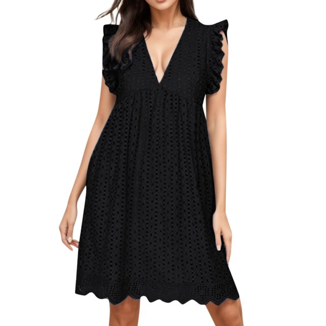 Ketyyh-chn99 Robes pour Femmes Grande Taille Robe Élégante de Soirée pour Femme Manche à Volants Jupe Évasée à Étages Mini Robe Noir,m