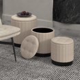 thumbnail image 4 of Modern Fabric and Stainless Steel 3pc Round Storage Ottoman Set - Beige and Black, 4 of 7