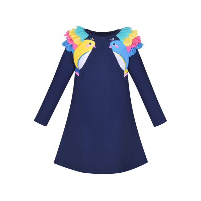 Robe Fille Bleu Marine Manches Longues Épaule à Volants Décontractée Coton 5 Ans