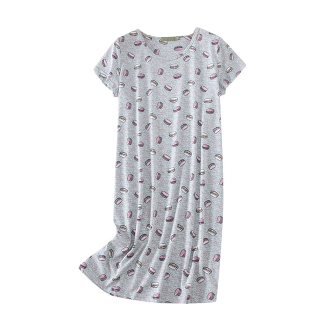2025 Chemise de Nuit en Coton pour Femmes avec Manches Courtes et design Imprimé Décontracté. Cette Chemise de Nuit pour Femmes Présente un Tissu Doux et Respirant avec une Légère Extensibilité pour le Confort. la Coupe Décontractée Est Idéale pour les Saisons de Printemps et d'Automne. l'Imprimé Comprend des Motifs macaron Colorés sur un Fond Gris Pâle, Ce Qui en Fait un Choix Stylé pour la Chemise de Nuit pour Femmes.