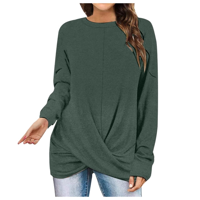 Besolor 2024 Womens Long Sleeve Shirt Casual Spring Fall Tunic Tops Crossover Front Ruched Blouse Crewneck T-Shirts