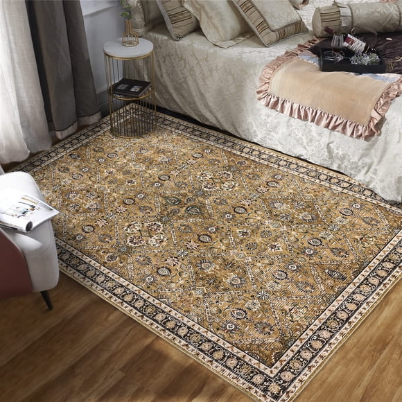 Washable Area Rug – Ultra-Soft Non-Slip Thin Vintage North African Trellis & Floral Distressed Low Pile Accent Rug, Mark Resistant, Collapsible for Living Room, Bedroom,Yellow,8x10ft (244x305cm)