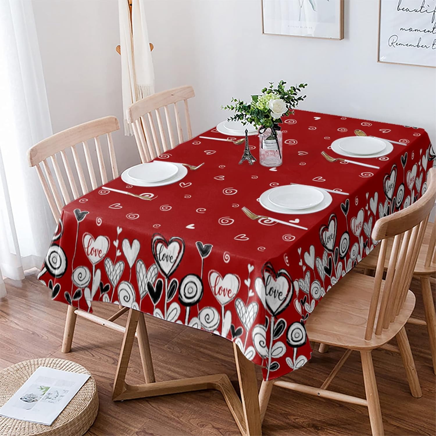 Nappe Rectangulaire de la Saint-Valentin Imperméable et Antitaches, Nappe Essuyable Saint Rouge Arbre d'Amour Cœur Sans Plis pour Rond/rectangulaire/ovale/carré/salle à Manger/fête/mariage, 60x102