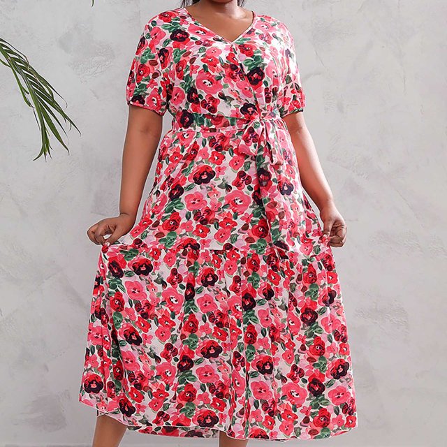 SMihono Robe Maxi Bohème d'Été pour Femmes Grande Taille Robe d'Été pour Femmes à Imprimé Robe Grande Taille à Col en V à Manches Courtes à Taille Élastique Robe de Plage Robe Soleil Robe Midi Fluide à Volants Robe Évasée de Plage